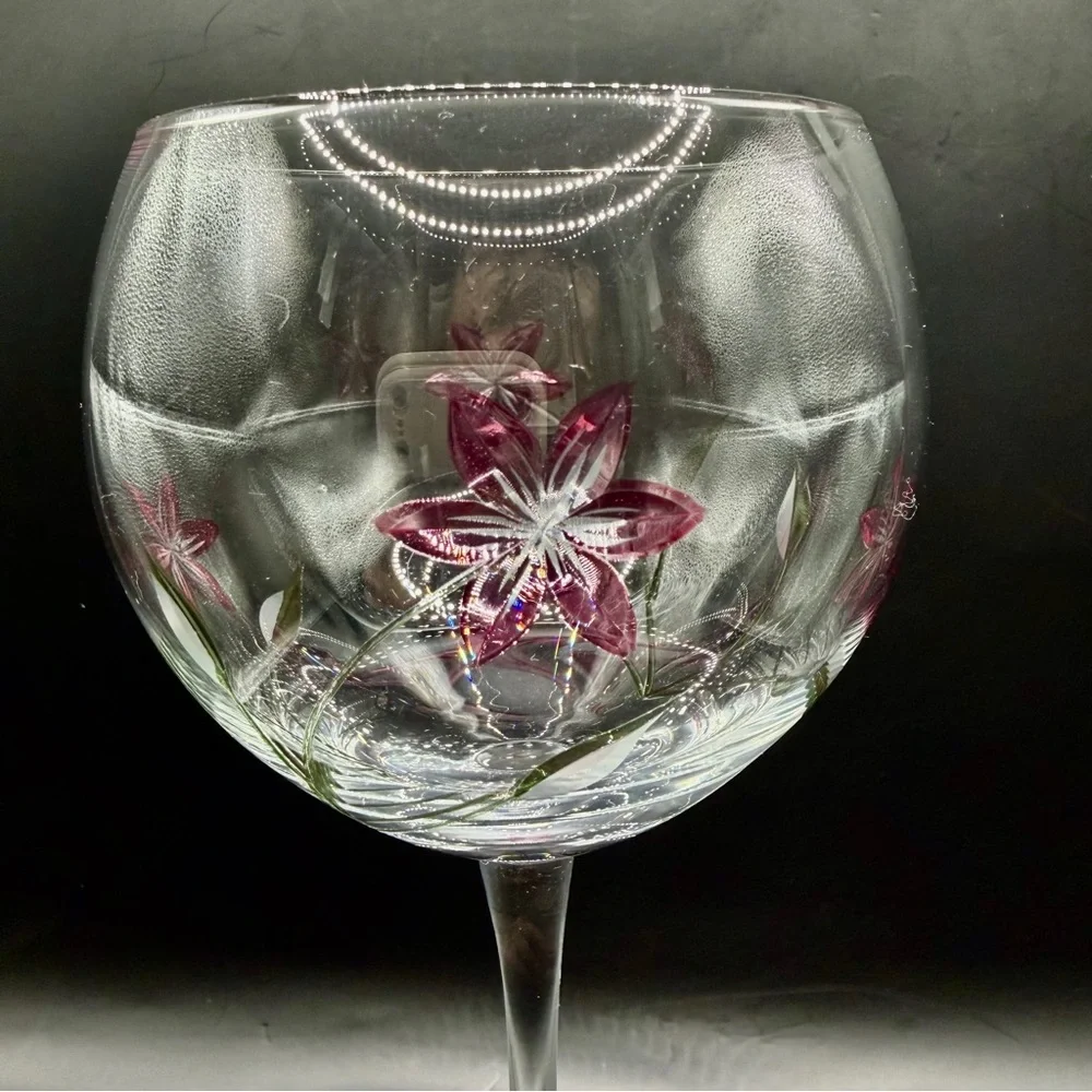 Lenox Floral Spirit Balloon Wine Glass Magenta Pink Flower Hand‎ Painted 8.75